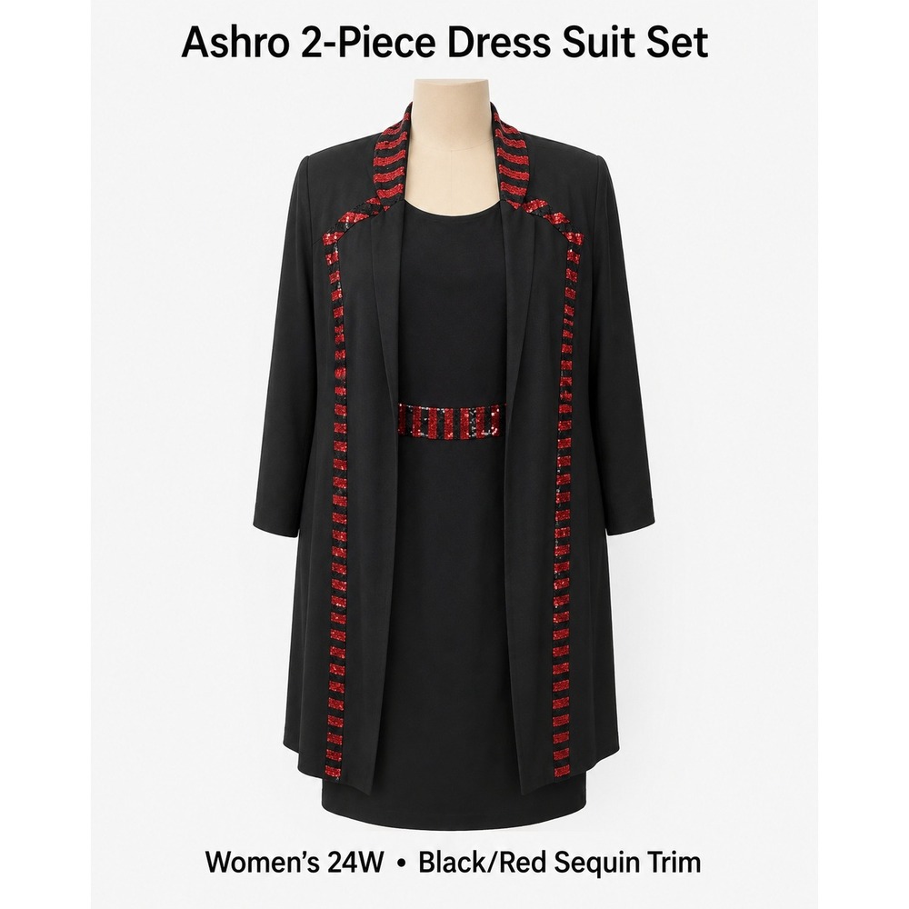 Ashro Womens 24W Black Red Sequin Trim 2 Piece Dress and Jacket Suit Set